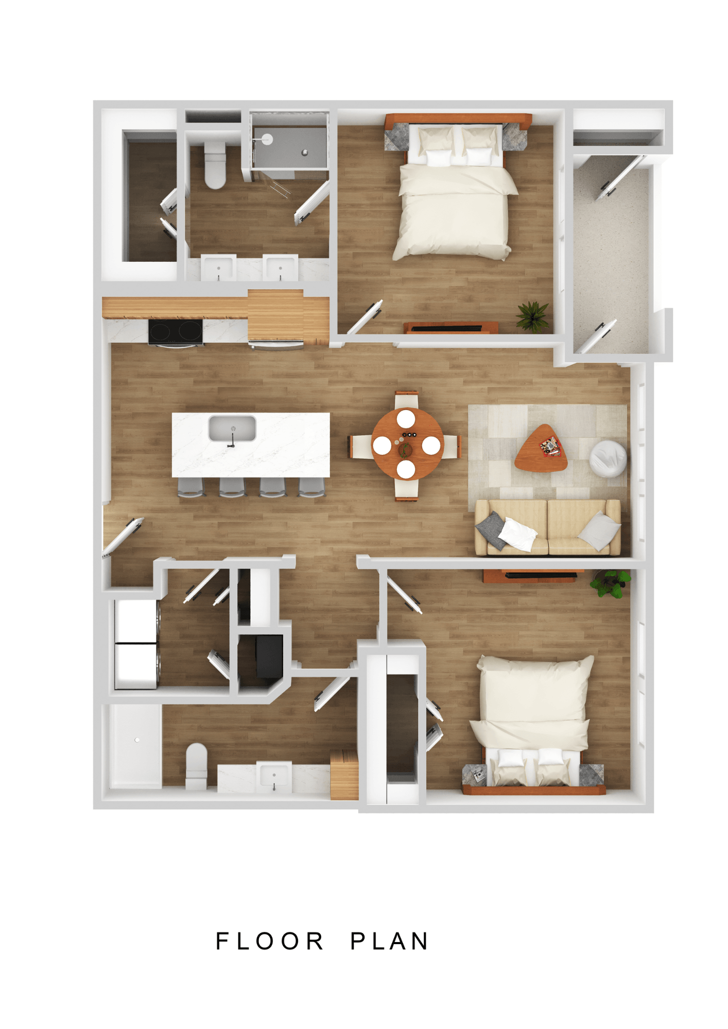Floor plan for 2 beds, 2 baths, 1021 sqft